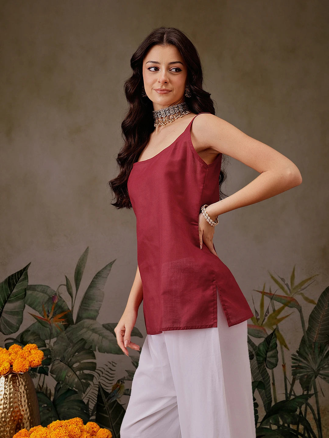 Ada Hand Embroidered Red Printed Kota Lucknowi Chikankari Short Kurti With Slip A911452