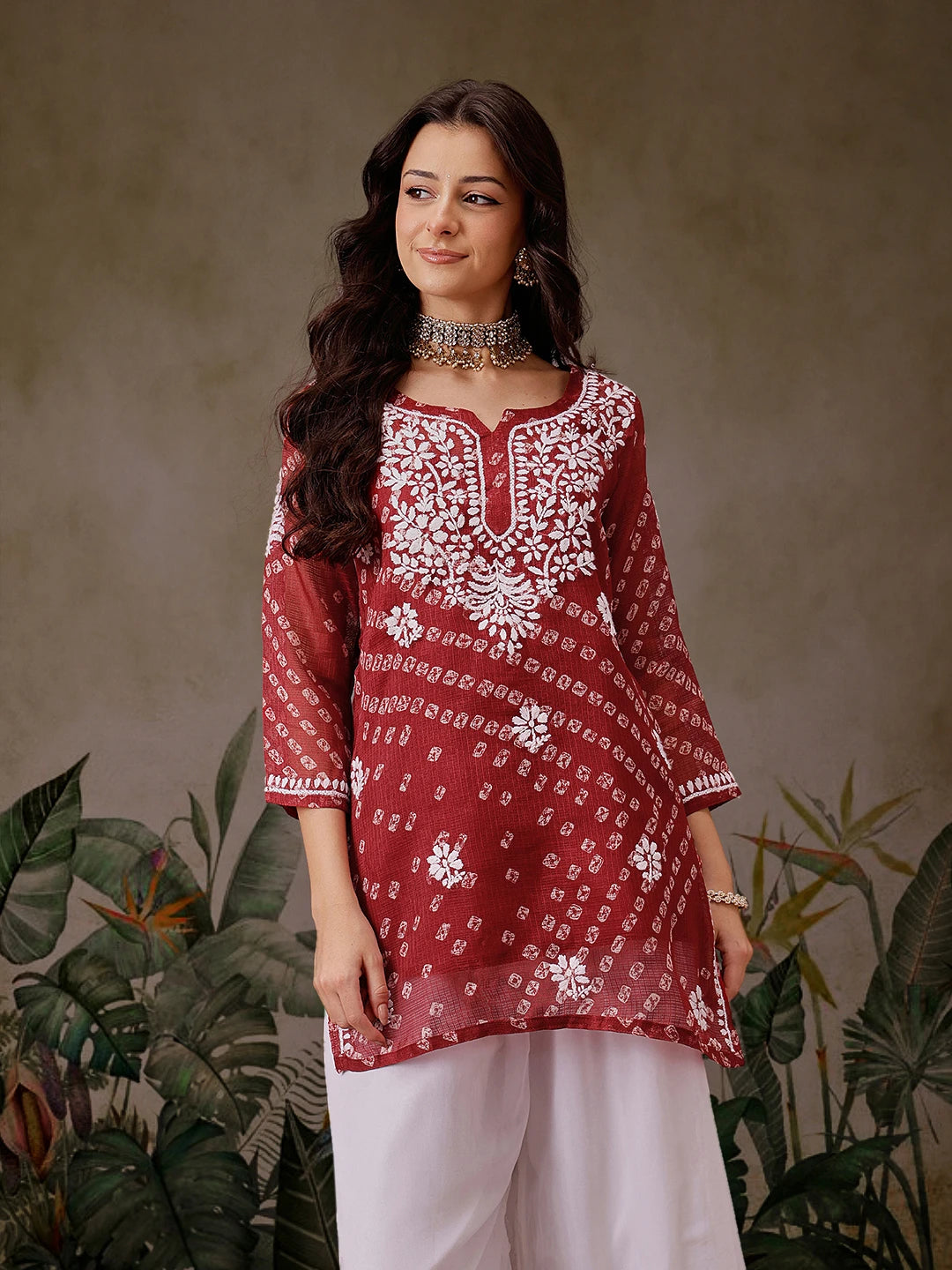 Ada Hand Embroidered Red Printed Kota Lucknowi Chikankari Short Kurti With Slip A911452