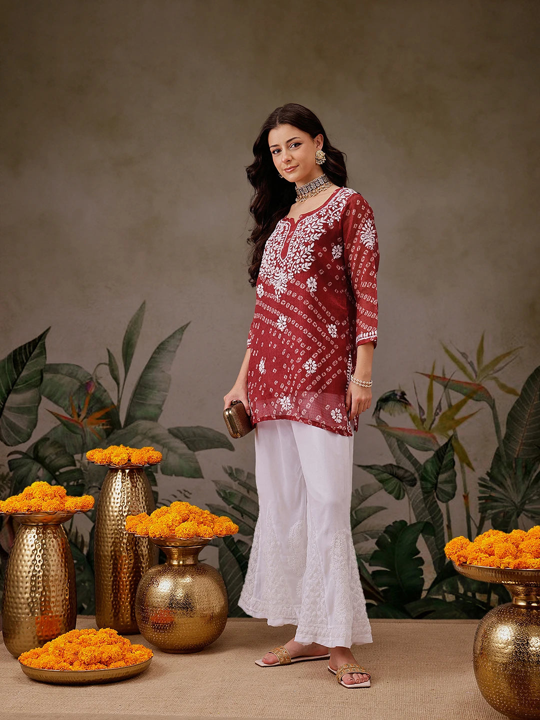 Ada Hand Embroidered Red Printed Kota Lucknowi Chikankari Short Kurti With Slip A911452