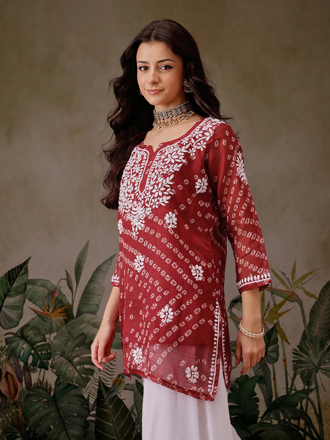 Ada Hand Embroidered Red Printed Kota Lucknowi Chikankari Short Kurti With Slip A911452