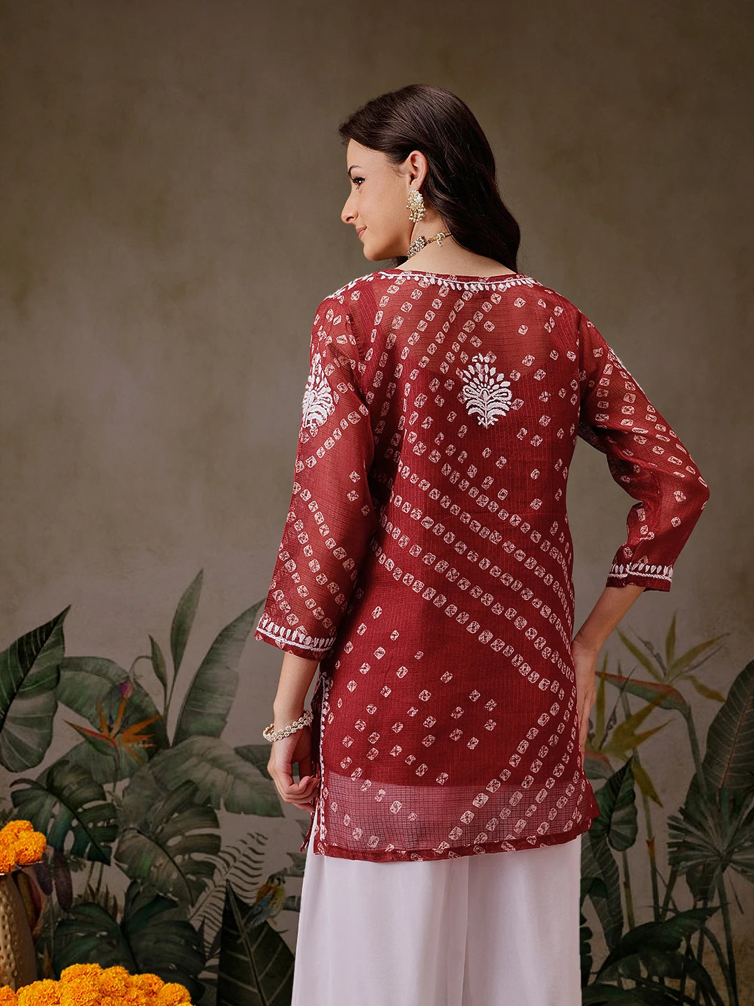 Ada Hand Embroidered Red Printed Kota Lucknowi Chikankari Short Kurti With Slip A911452
