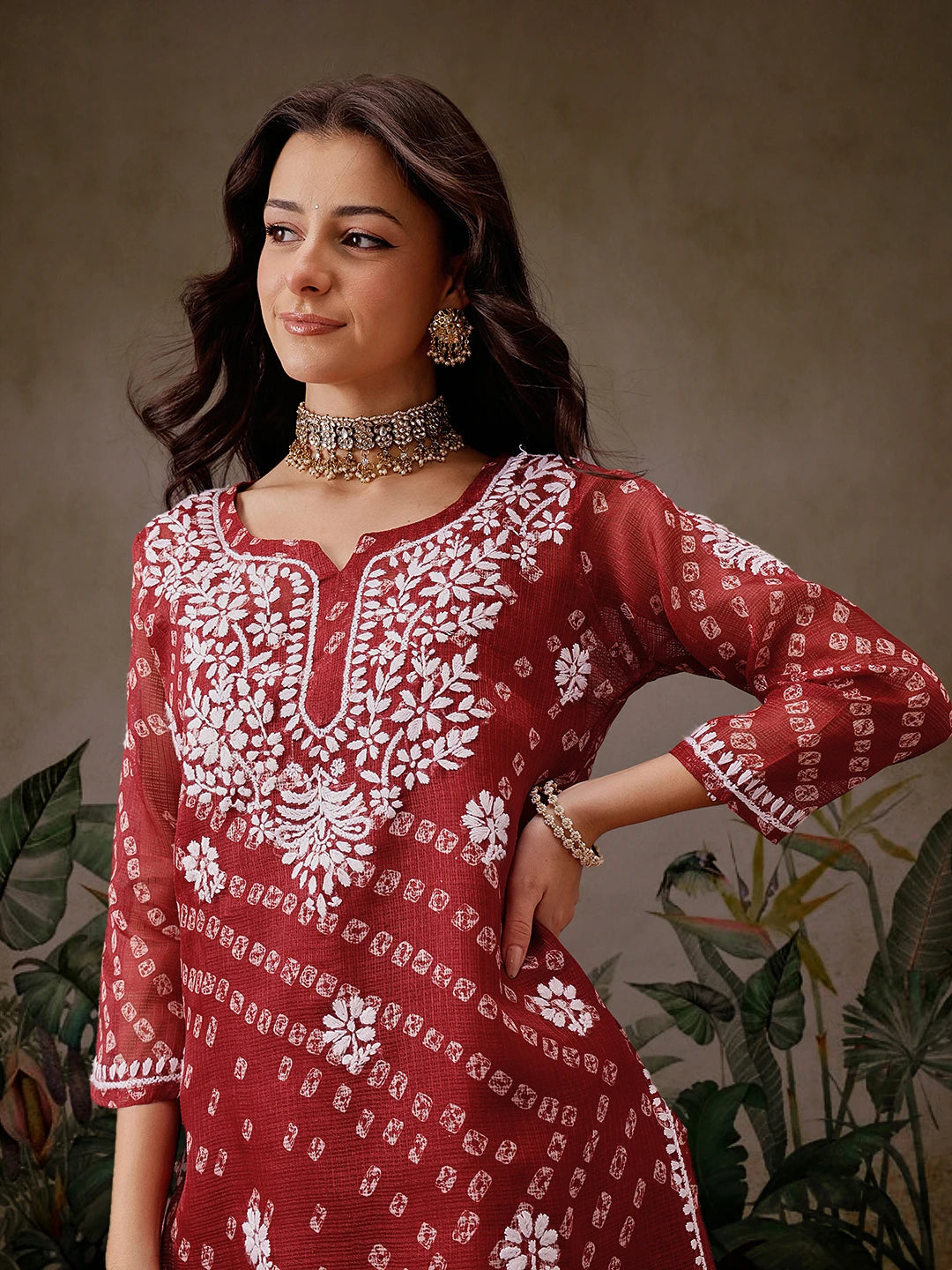 Ada Hand Embroidered Red Printed Kota Lucknowi Chikankari Short Kurti With Slip A911452