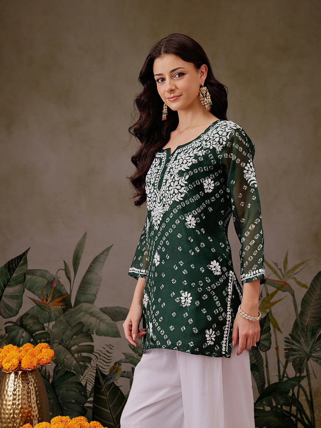 Ada Hand Embroidered Bottle Green Printed Kota Lucknowi Chikankari Short Kurti With Slip A911451