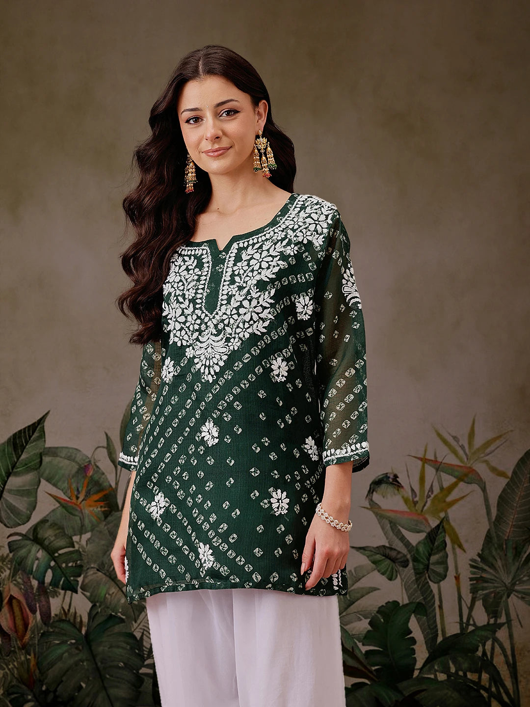 Ada Hand Embroidered Bottle Green Printed Kota Lucknowi Chikankari Short Kurti With Slip A911451