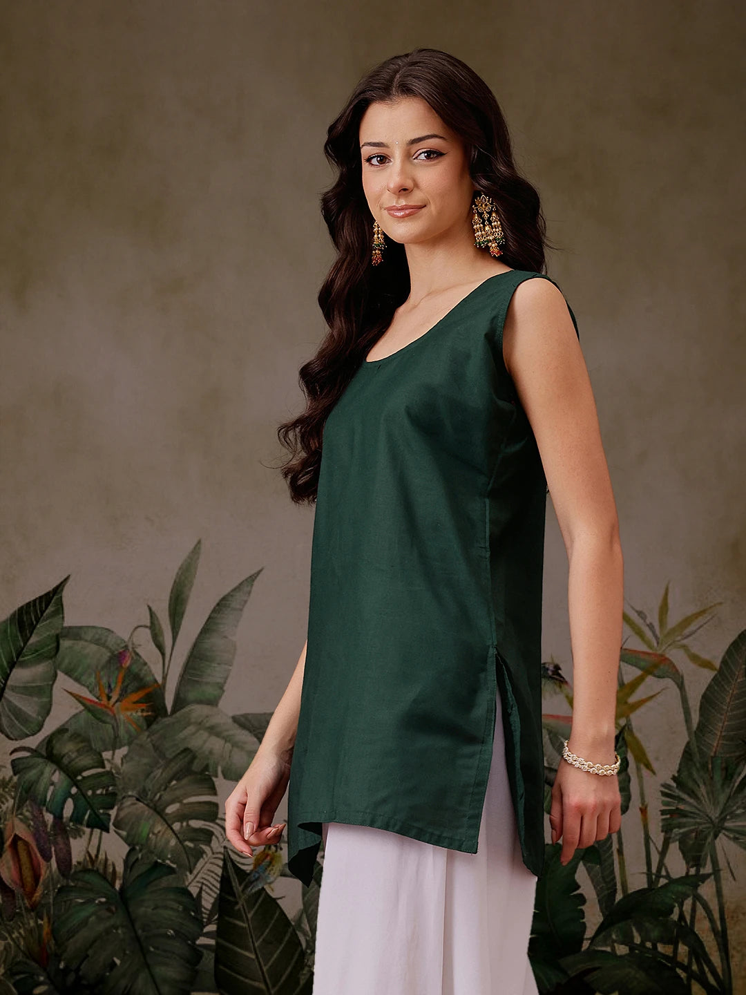 Ada Hand Embroidered Bottle Green Printed Kota Lucknowi Chikankari Short Kurti With Slip A911451