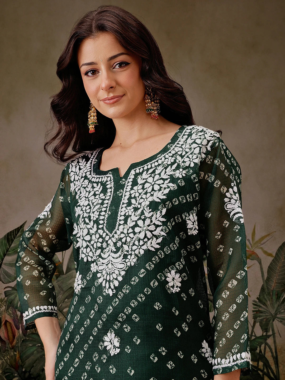 Ada Hand Embroidered Bottle Green Printed Kota Lucknowi Chikankari Short Kurti With Slip A911451