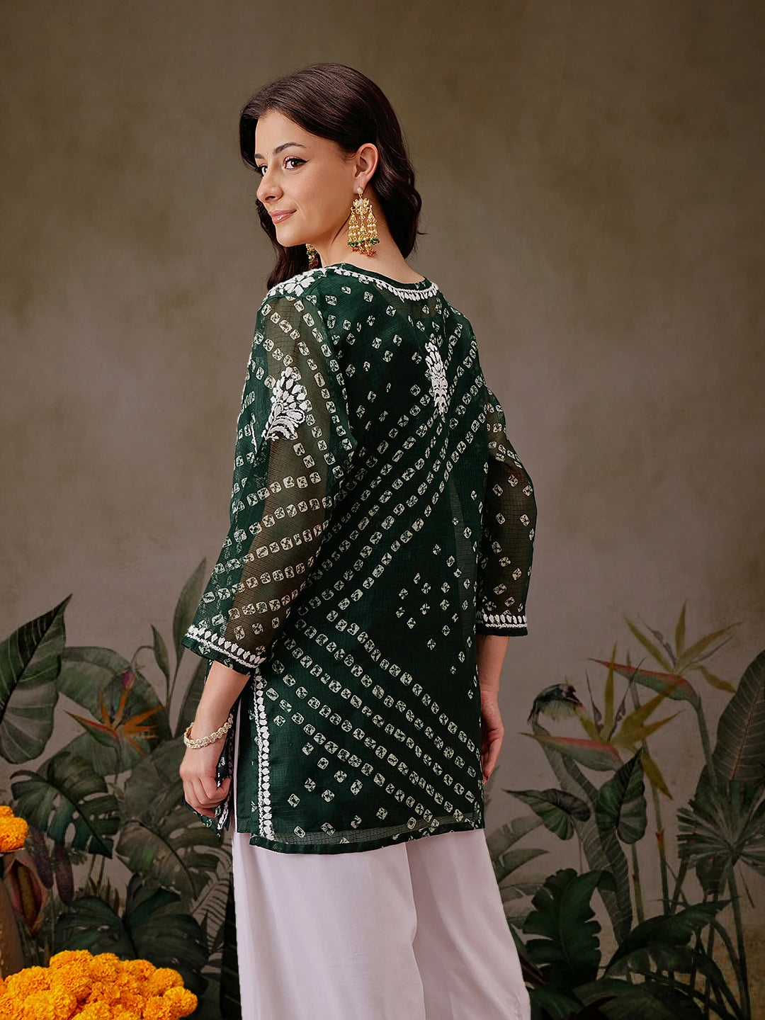 Ada Hand Embroidered Bottle Green Printed Kota Lucknowi Chikankari Short Kurti With Slip A911451