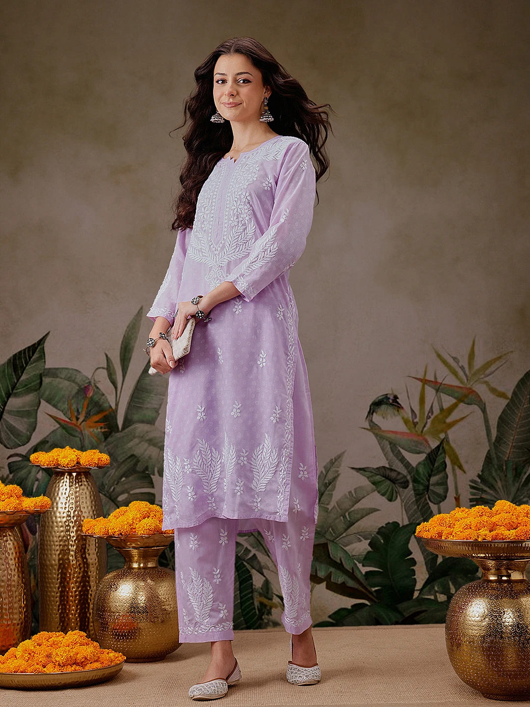 Ada Hand Embroidered Lavender Cotton Lucknowi Chikankari Co-Ord Set A811301