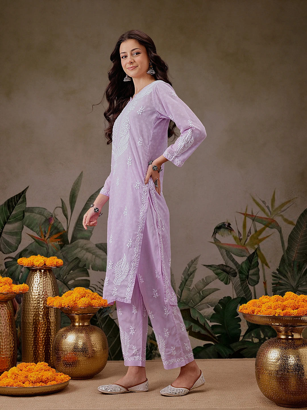Ada Hand Embroidered Lavender Cotton Lucknowi Chikankari Co-Ord Set A811301