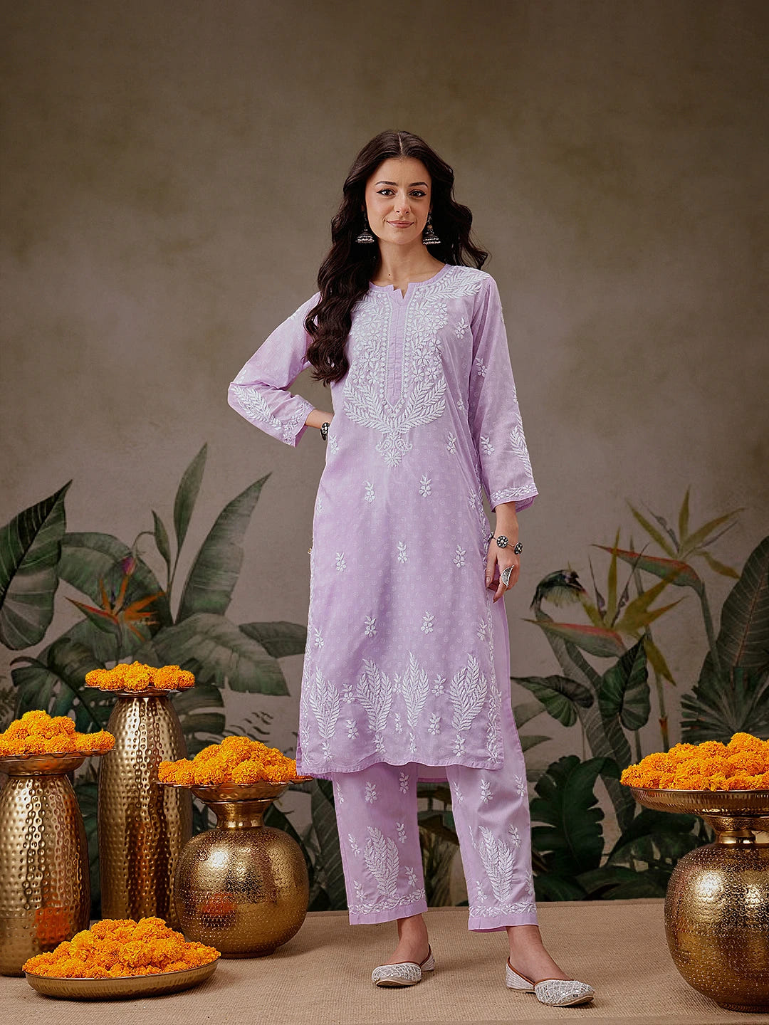 Ada Hand Embroidered Lavender Cotton Lucknowi Chikankari Co-Ord Set A811301