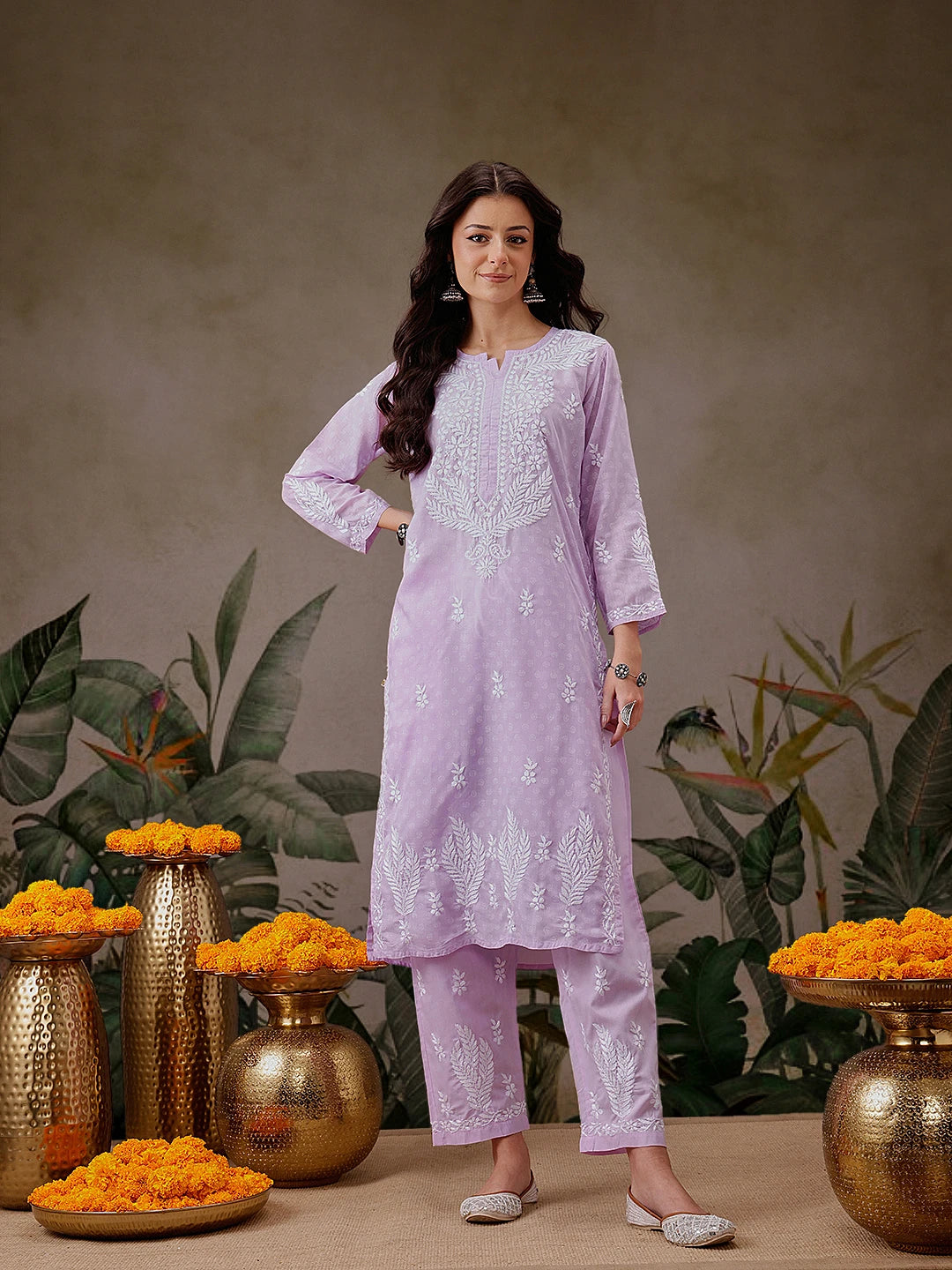 Ada Hand Embroidered Lavender Cotton Lucknowi Chikankari Co-Ord Set A811301