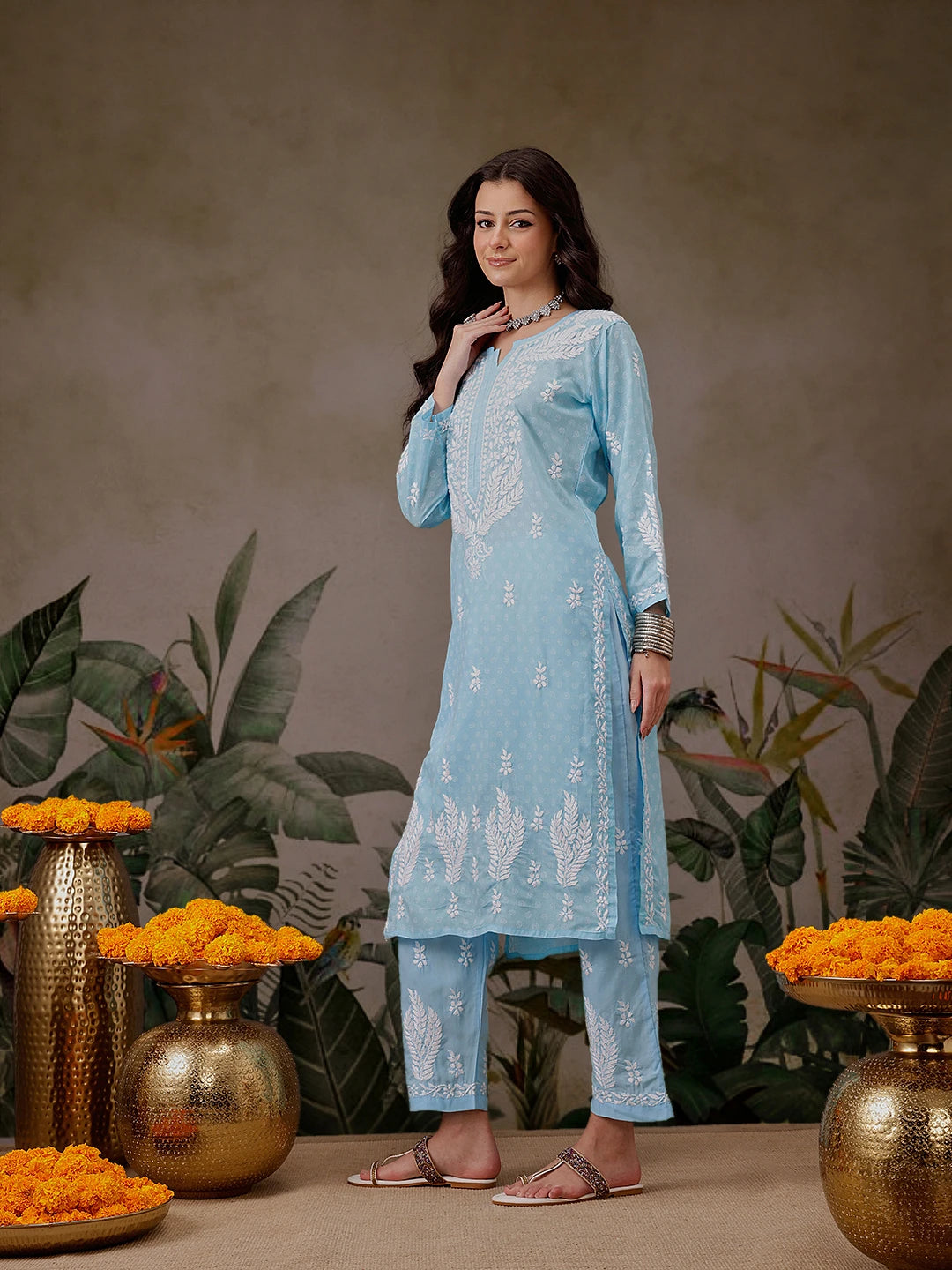 Ada Hand Embroidered Blue Cotton Lucknowi Chikankari Co-Ord Set A811303