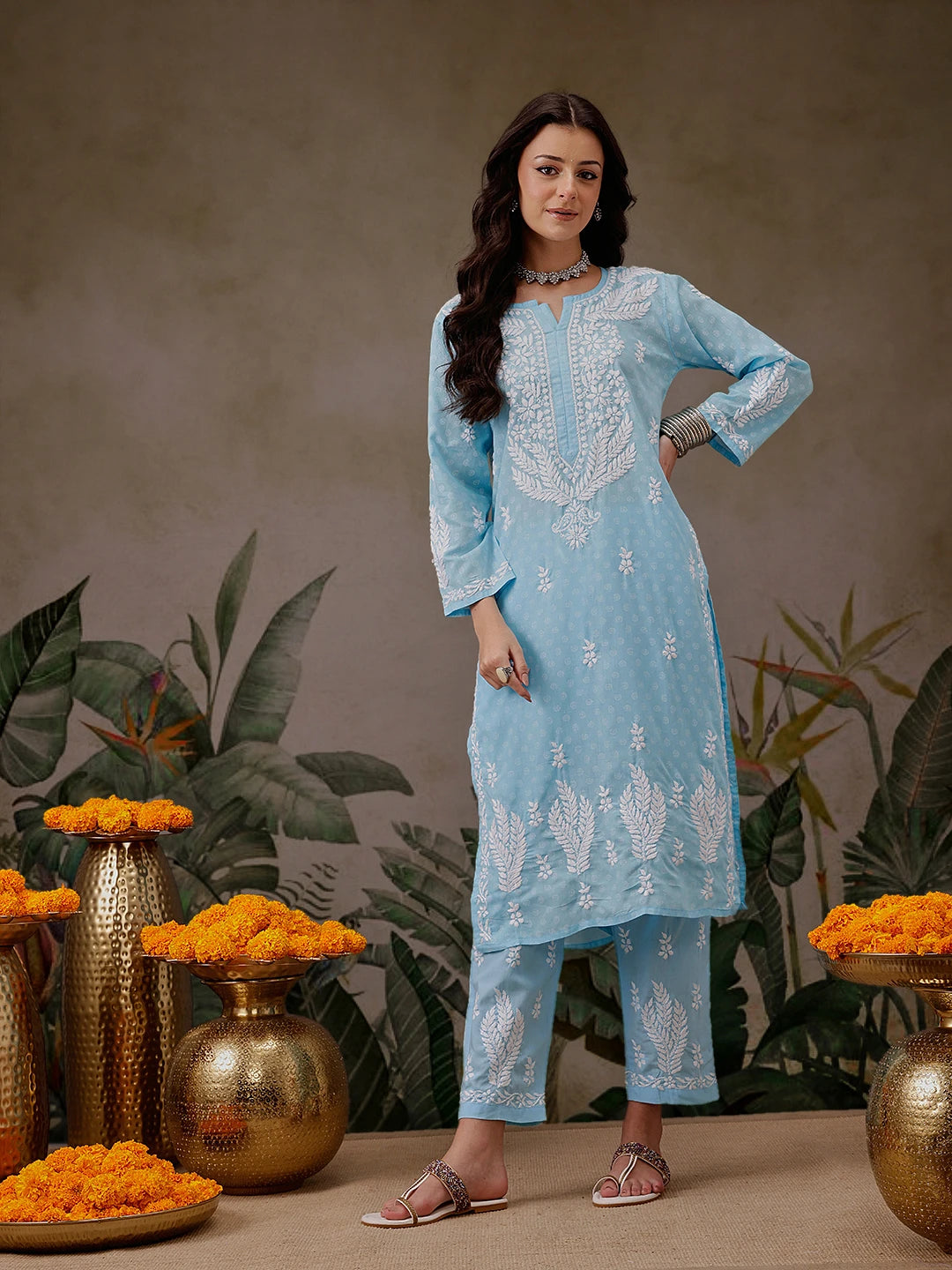 Ada Hand Embroidered Blue Cotton Lucknowi Chikankari Co-Ord Set A811303