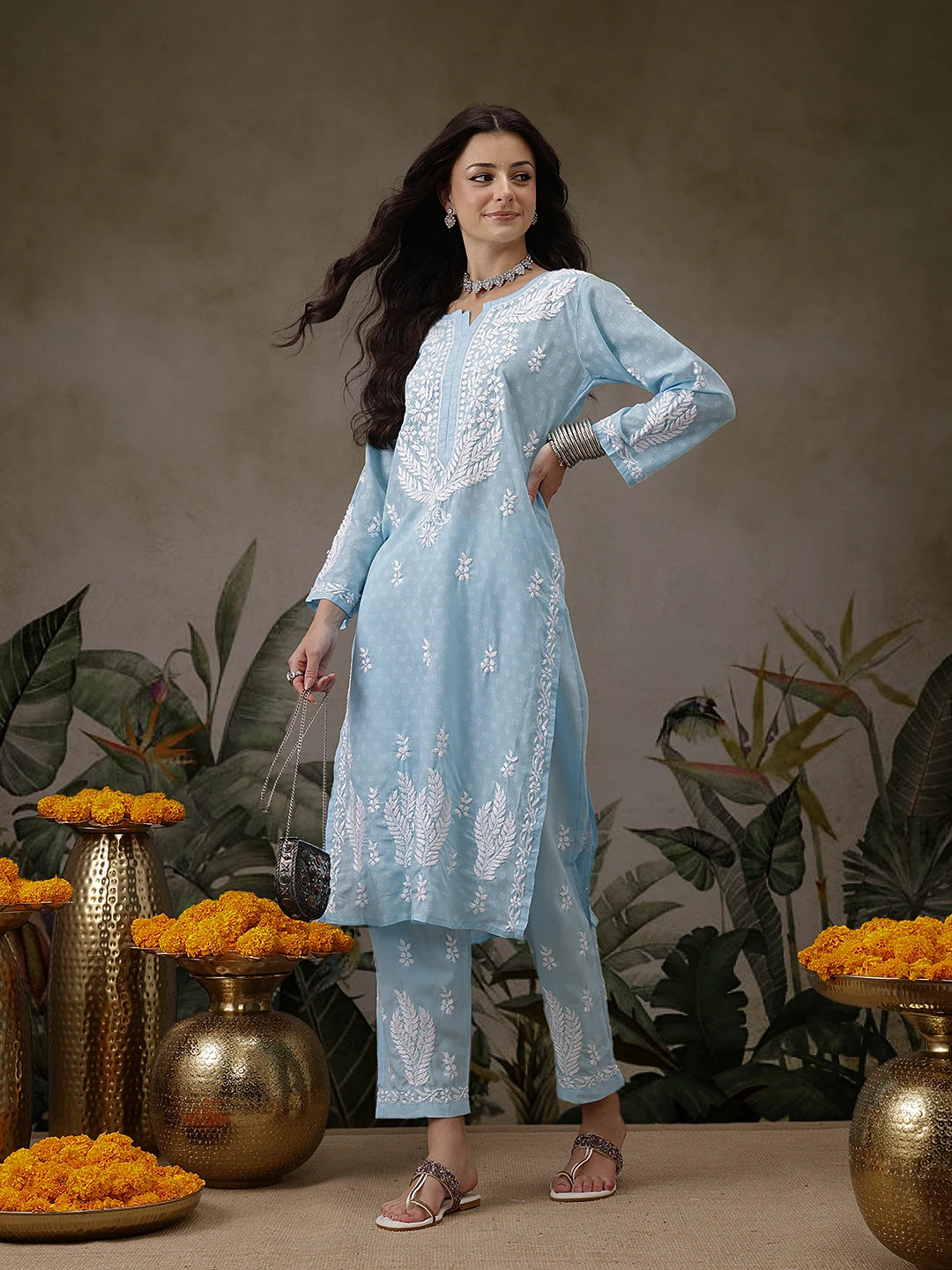 Ada Hand Embroidered Blue Cotton Lucknowi Chikankari Co-Ord Set A811303