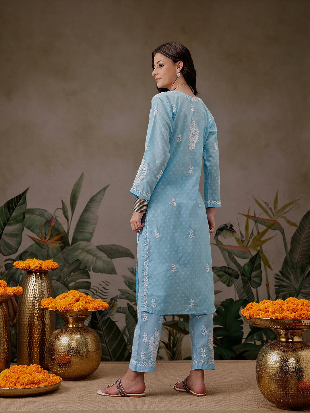 Ada Hand Embroidered Blue Cotton Lucknowi Chikankari Co-Ord Set A811303