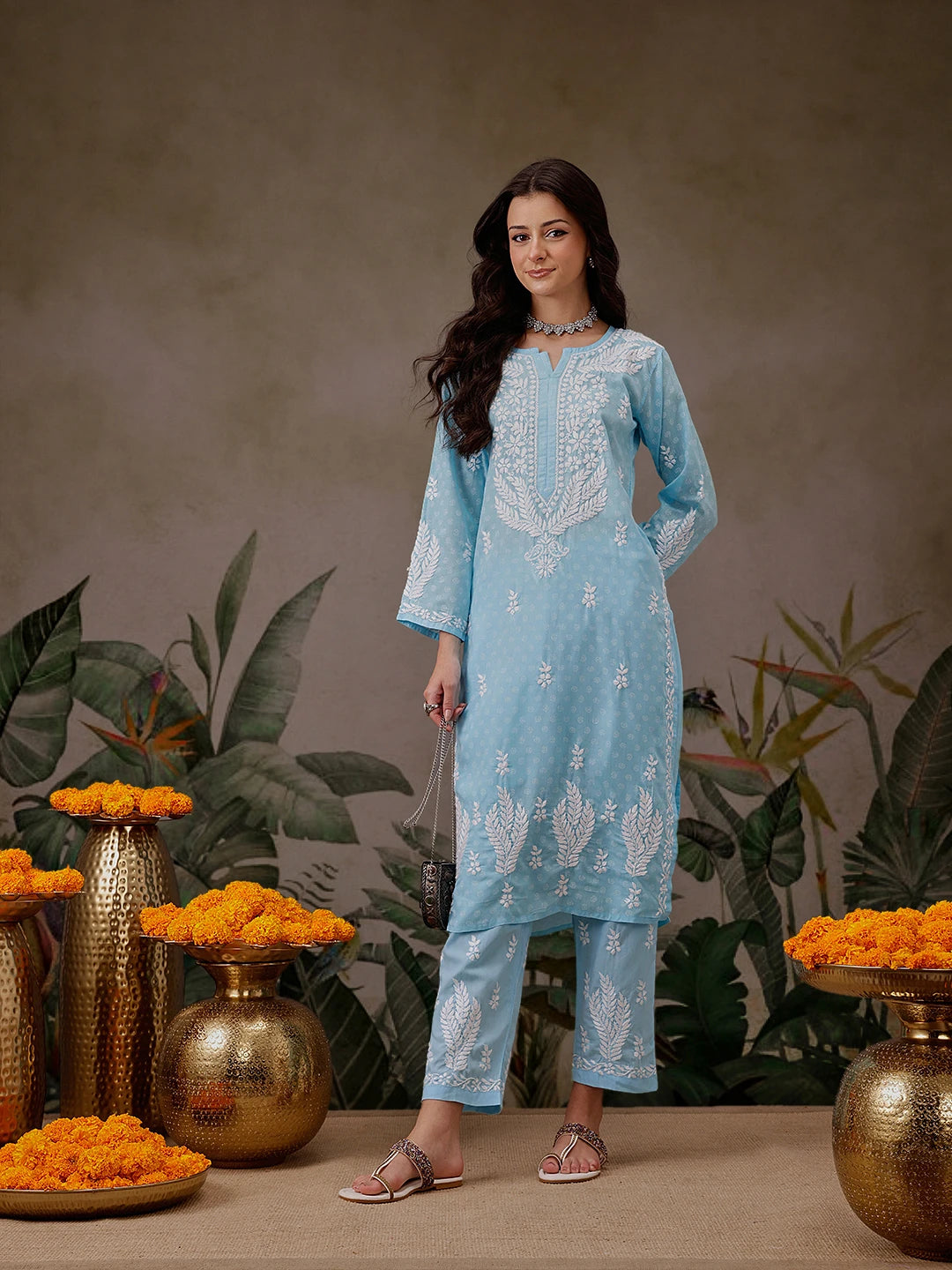 Ada Hand Embroidered Blue Cotton Lucknowi Chikankari Co-Ord Set A811303