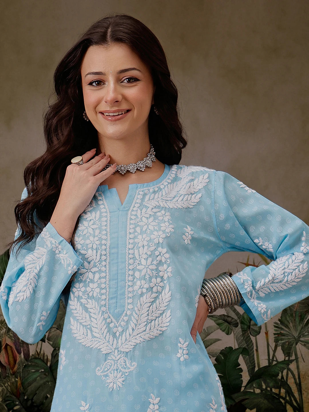 Ada Hand Embroidered Blue Cotton Lucknowi Chikankari Co-Ord Set A811303