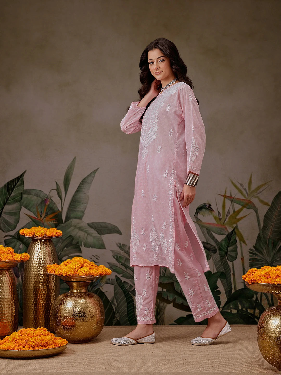 Ada Hand Embroidered Pink Cotton Lucknowi Chikankari Co-Ord Set A811299
