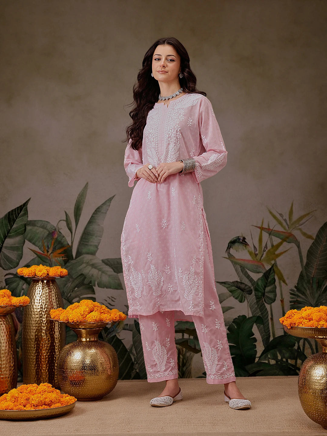 Ada Hand Embroidered Pink Cotton Lucknowi Chikankari Co-Ord Set A811299