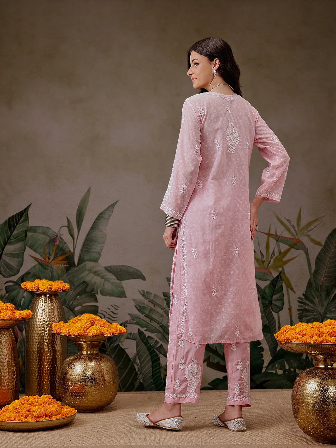 Ada Hand Embroidered Pink Cotton Lucknowi Chikankari Co-Ord Set A811299