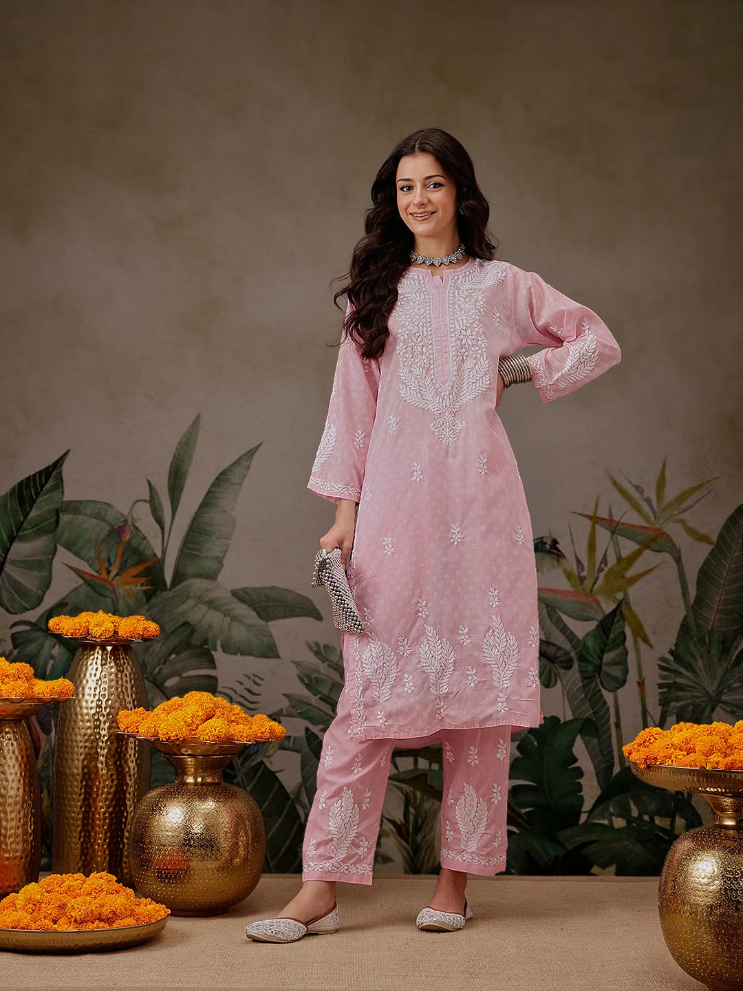 Ada Hand Embroidered Pink Cotton Lucknowi Chikankari Co-Ord Set A811299