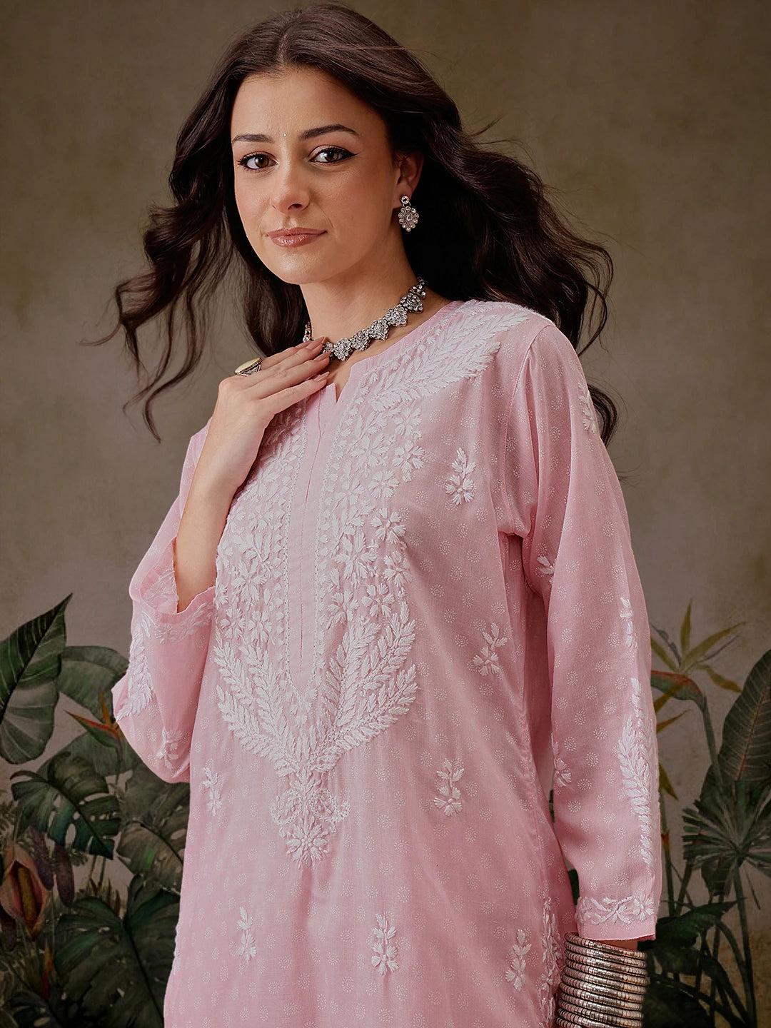Ada Hand Embroidered Pink Cotton Lucknowi Chikankari Co-Ord Set A811299