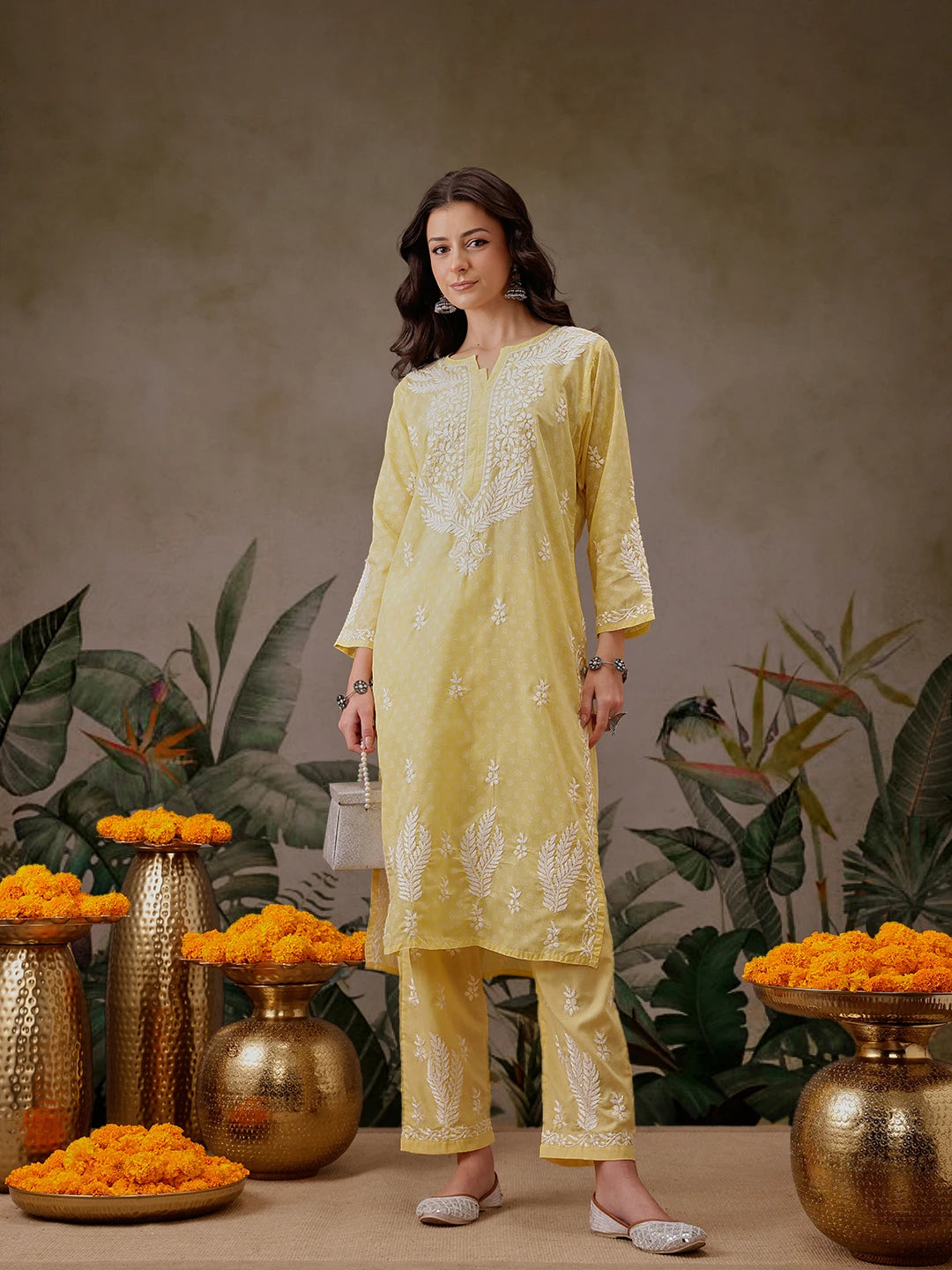 Ada Hand Embroidered Yellow Cotton Lucknowi Chikankari Co-Ord Set A811300