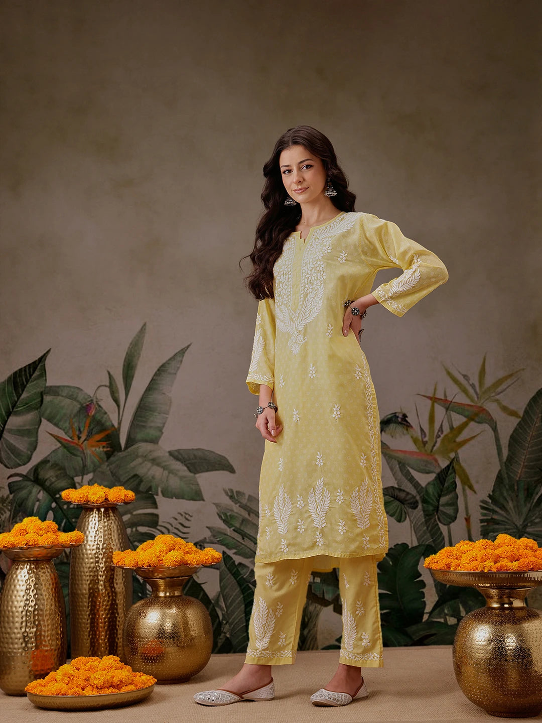Ada Hand Embroidered Yellow Cotton Lucknowi Chikankari Co-Ord Set A811300