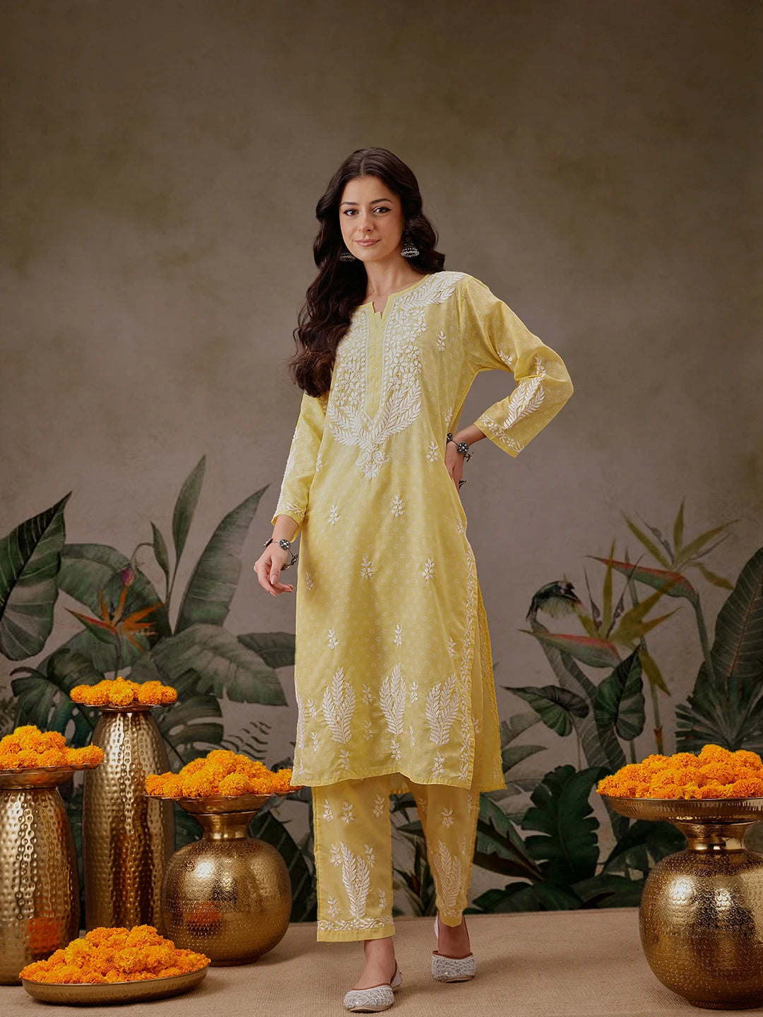 Ada Hand Embroidered Yellow Cotton Lucknowi Chikankari Co-Ord Set A811300