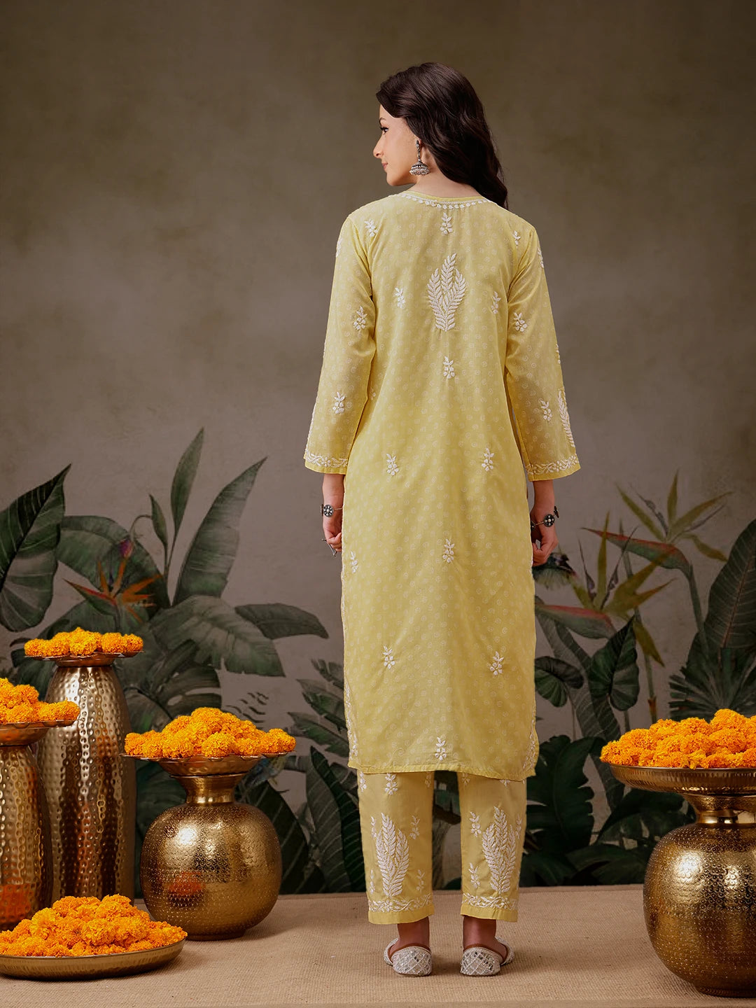 Ada Hand Embroidered Yellow Cotton Lucknowi Chikankari Co-Ord Set A811300