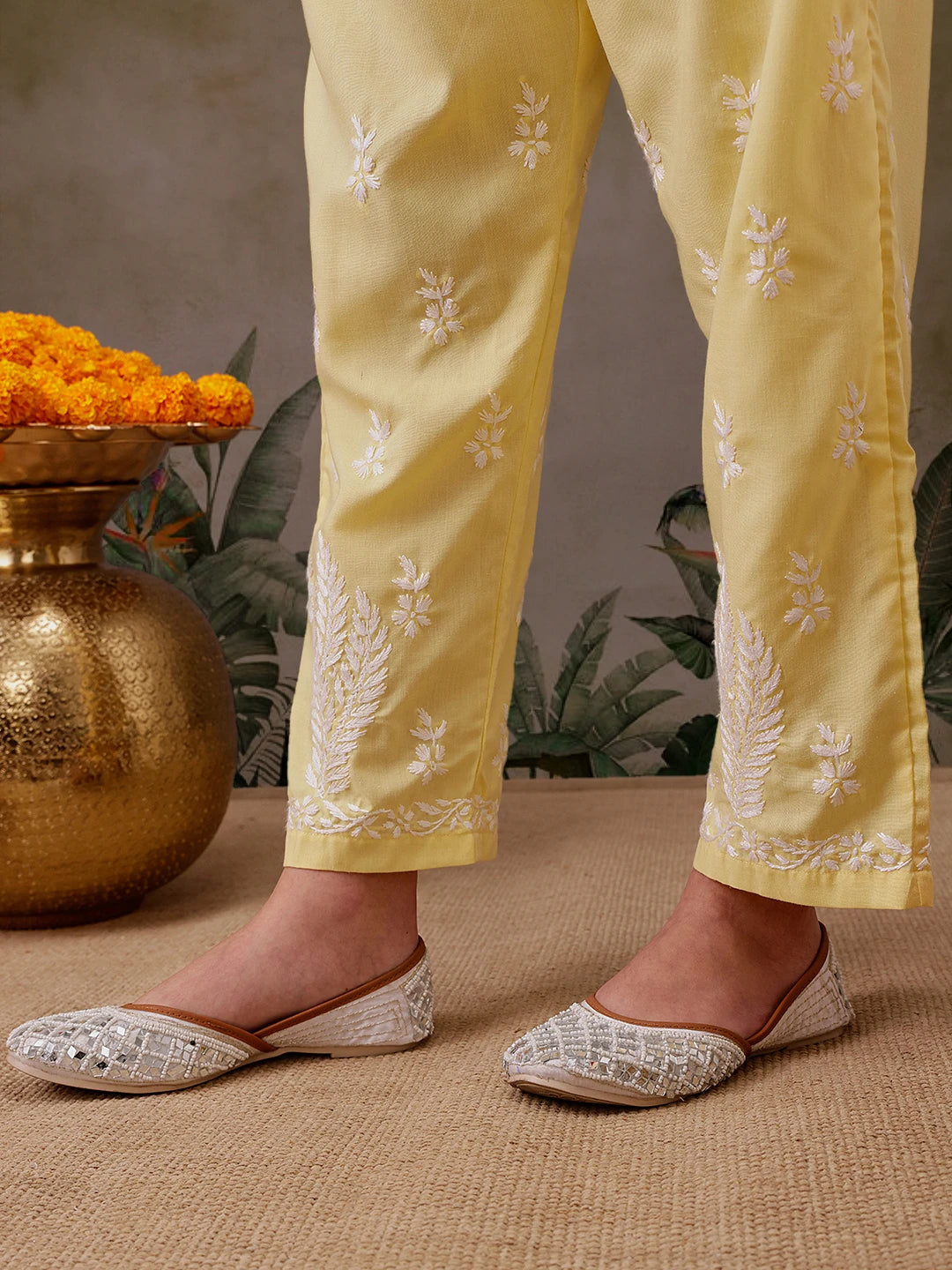 Ada Hand Embroidered Yellow Cotton Lucknowi Chikankari Co-Ord Set A811300