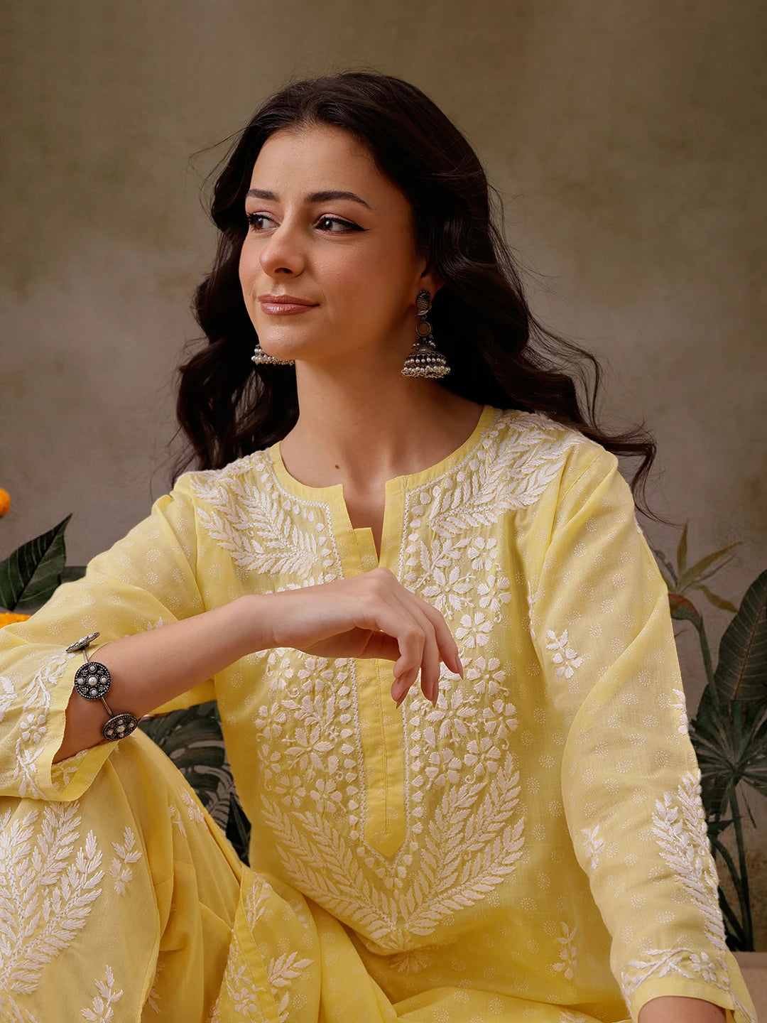 Ada Hand Embroidered Yellow Cotton Lucknowi Chikankari Co-Ord Set A811300
