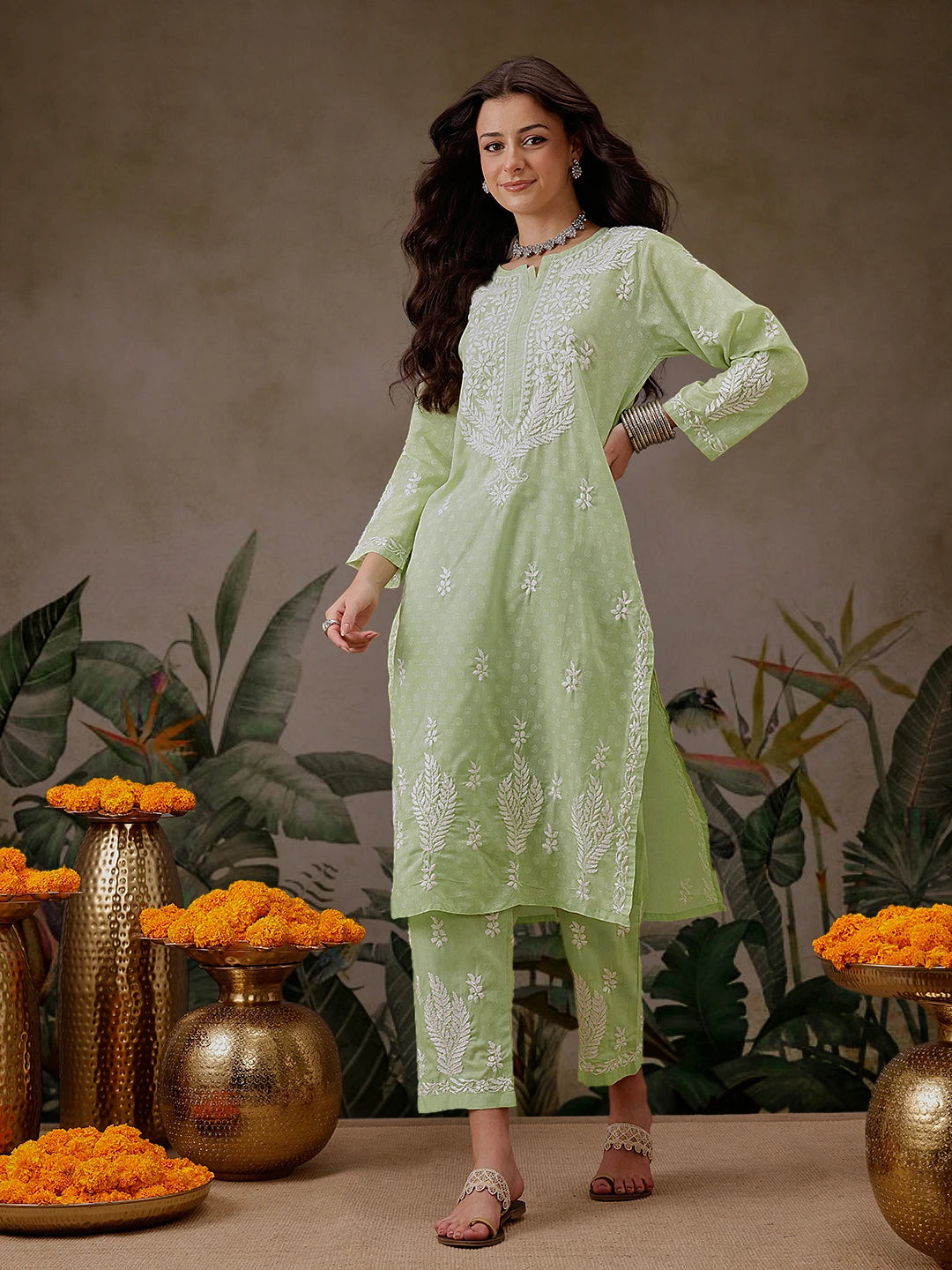 Ada Hand Embroidered Liril Geen Cotton Lucknowi Chikankari Co-Ord Set A811302