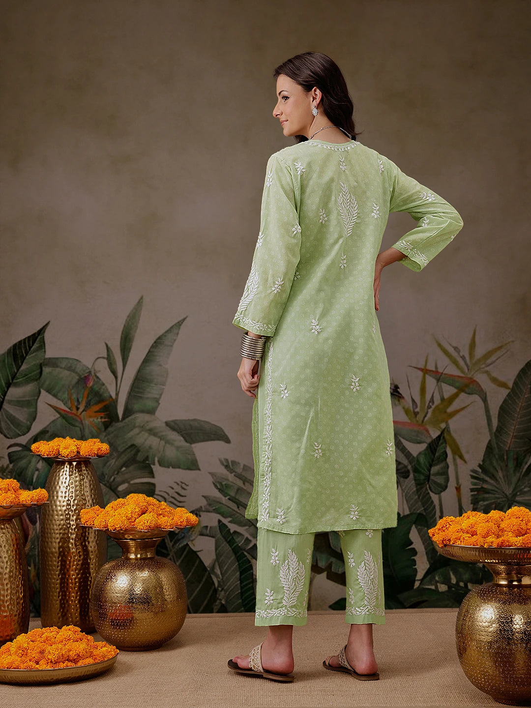 Ada Hand Embroidered Liril Geen Cotton Lucknowi Chikankari Co-Ord Set A811302