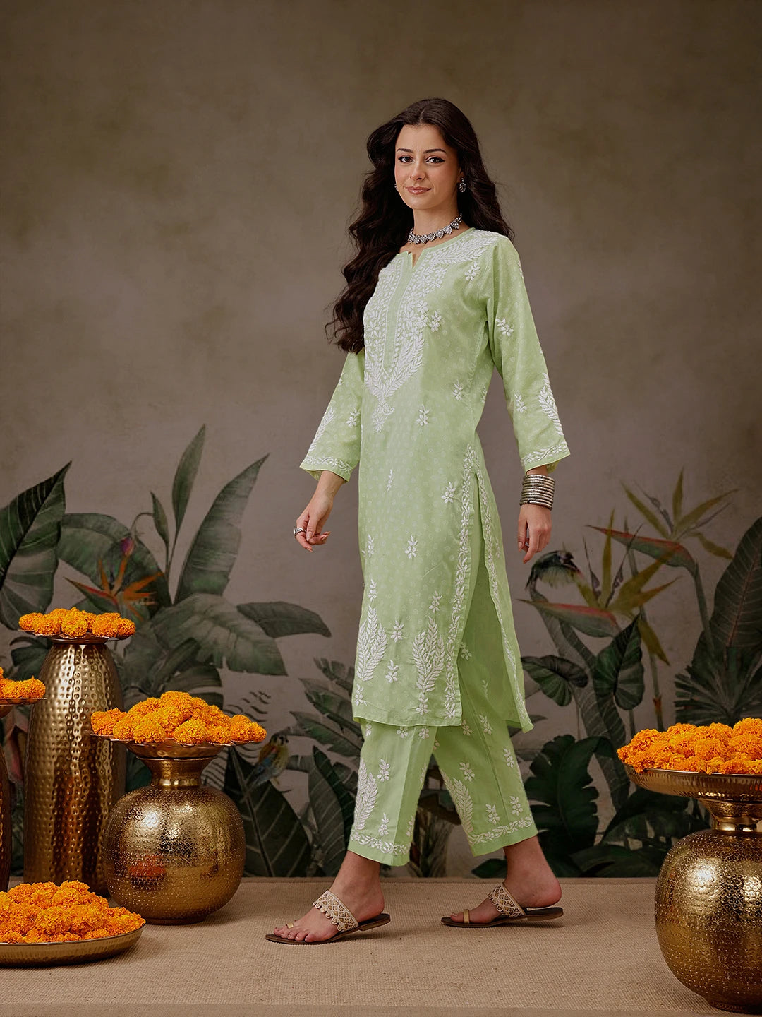 Ada Hand Embroidered Liril Geen Cotton Lucknowi Chikankari Co-Ord Set A811302