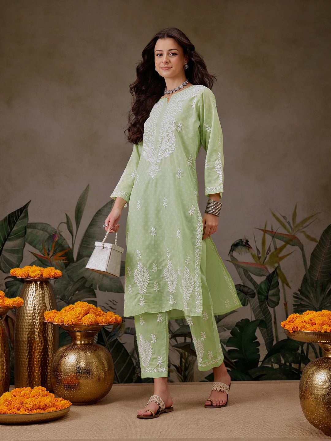 Ada Hand Embroidered Liril Geen Cotton Lucknowi Chikankari Co-Ord Set A811302