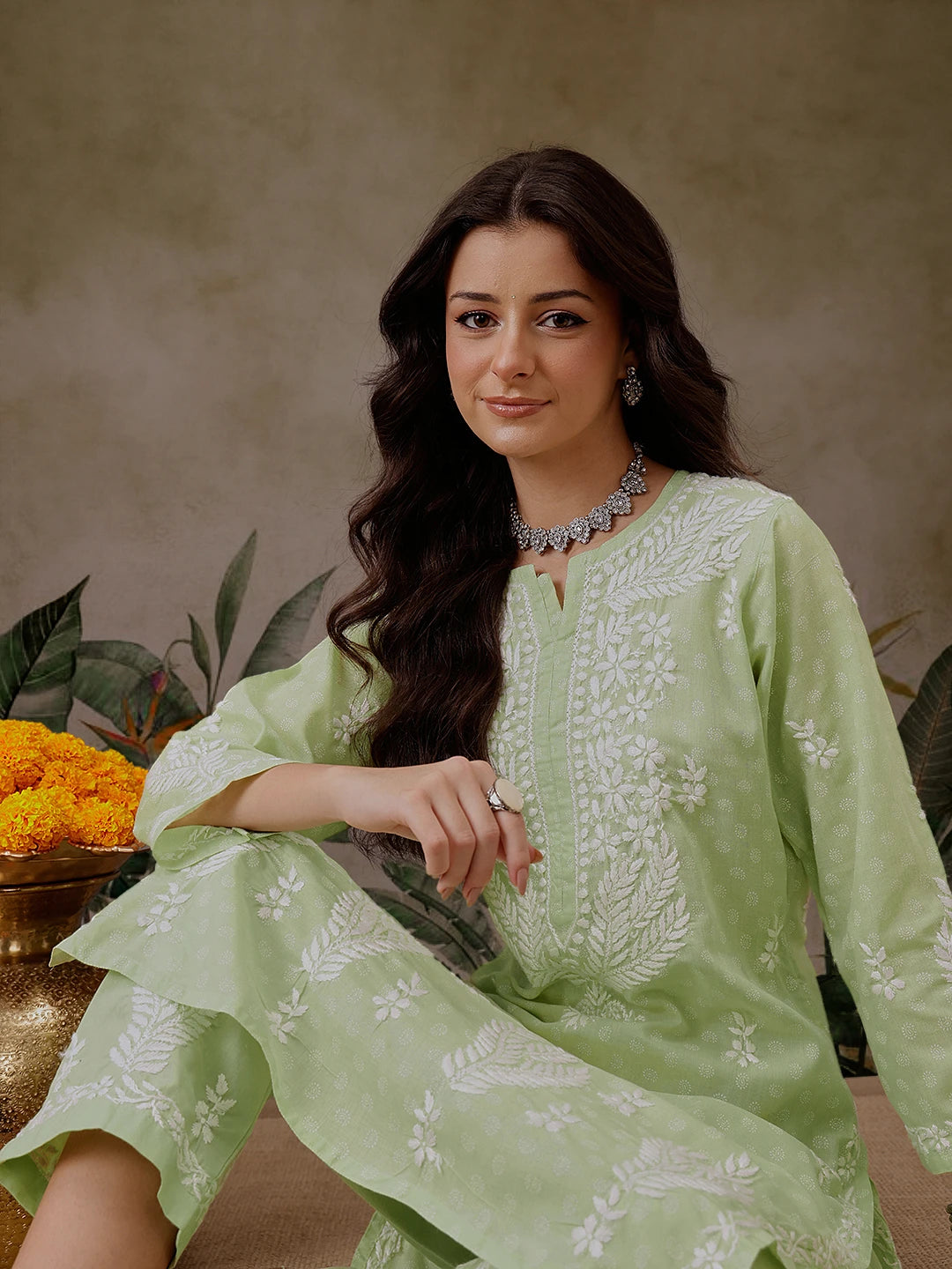 Ada Hand Embroidered Liril Geen Cotton Lucknowi Chikankari Co-Ord Set A811302