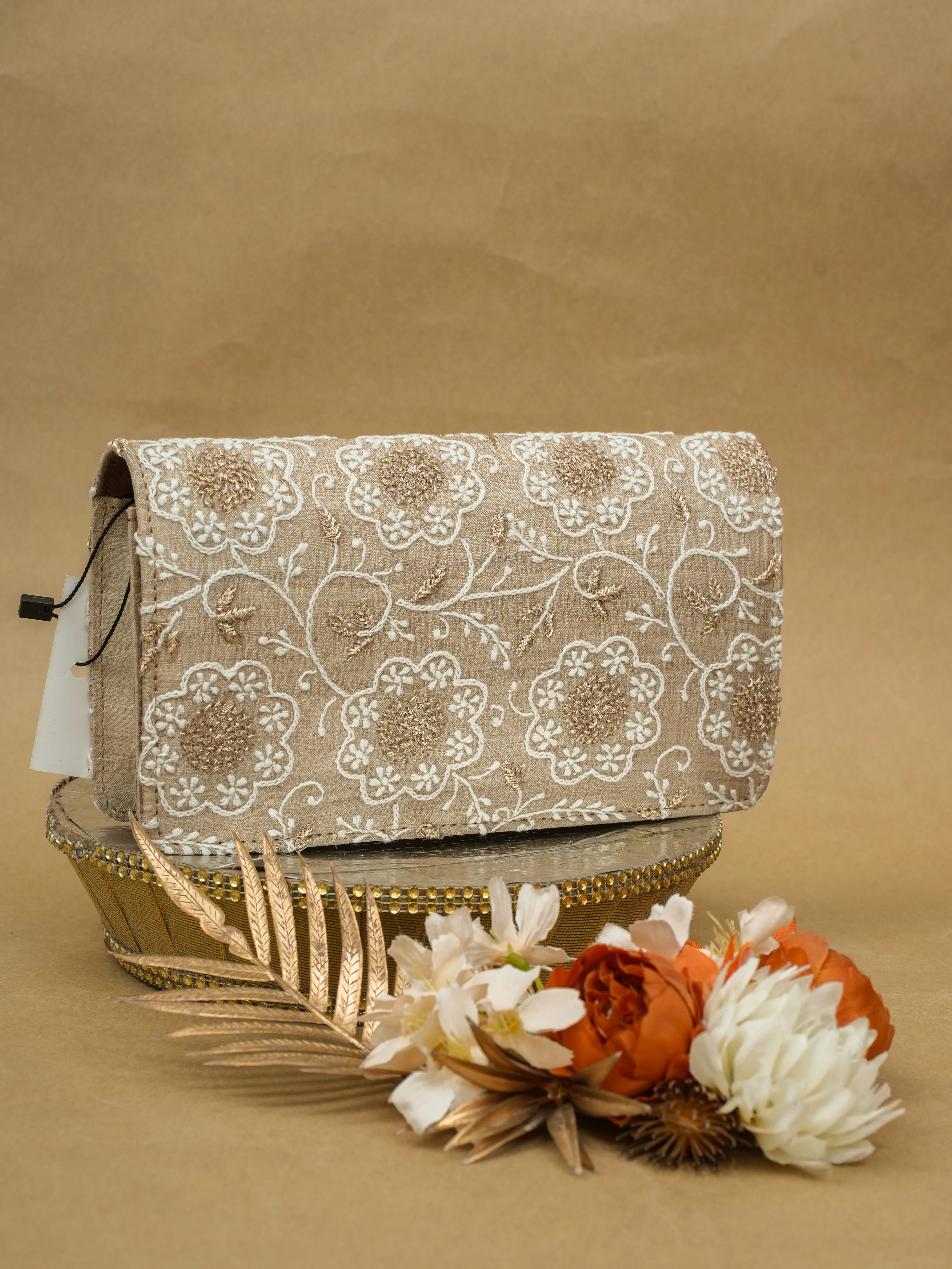 Ada Hand Embroidered Fawn Silk Lucknowi Chikankari Clutch With Zari Work 01A685752