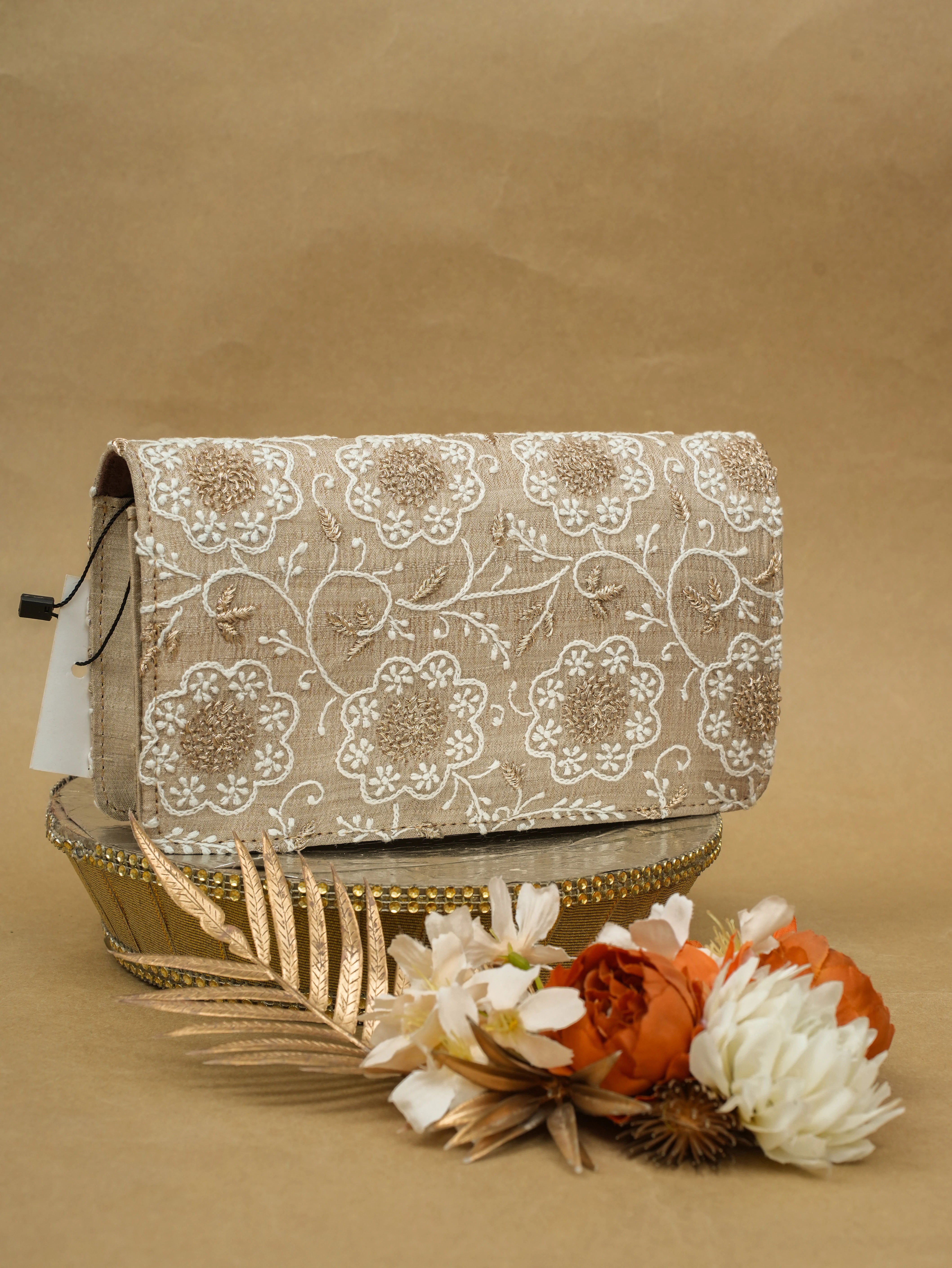 Ada Hand Embroidered Fawn Silk Lucknowi Chikankari Clutch With Zari Work 01A685752