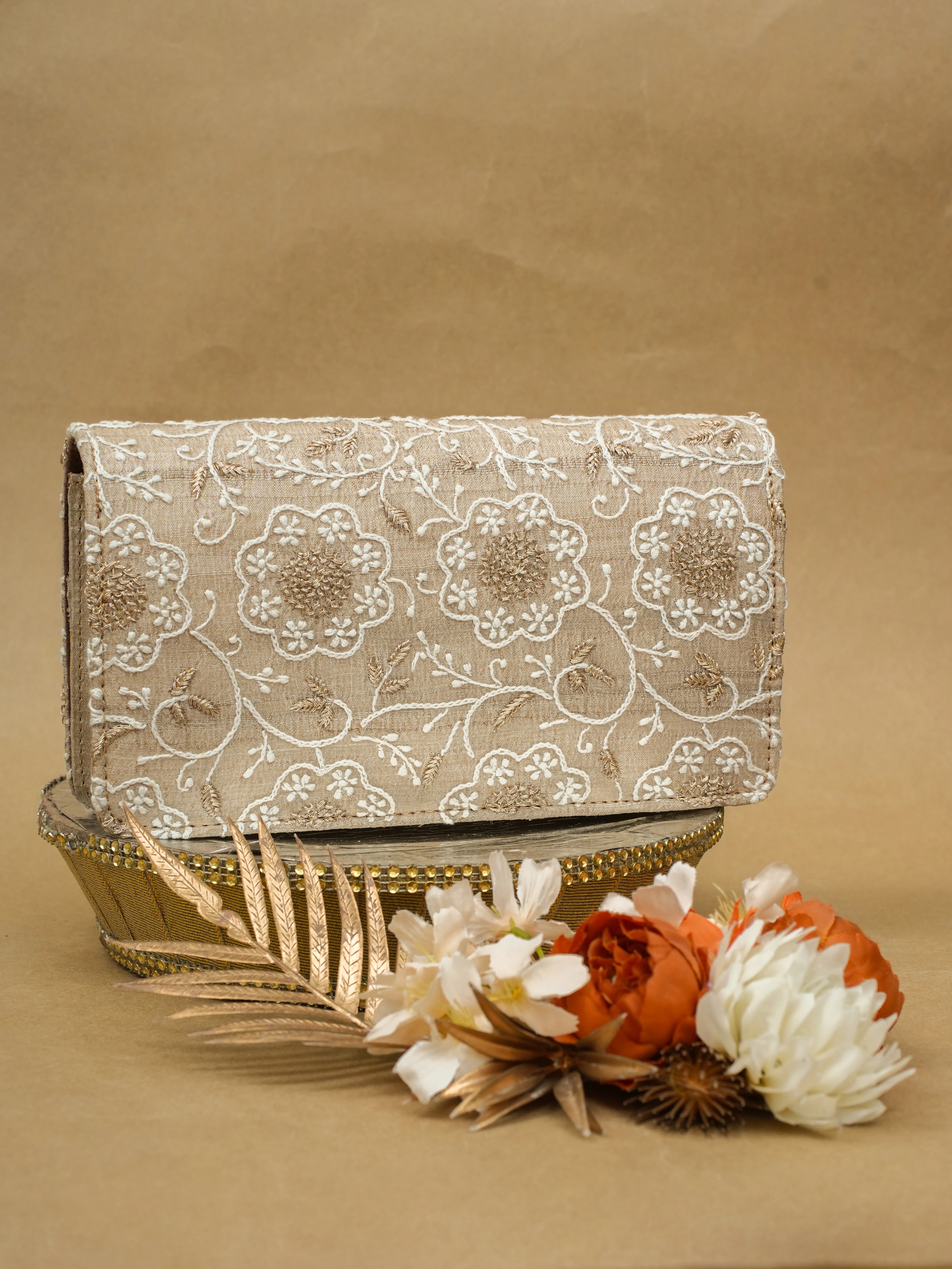 Ada Hand Embroidered Fawn Silk Lucknowi Chikankari Clutch With Zari Work 01A685752