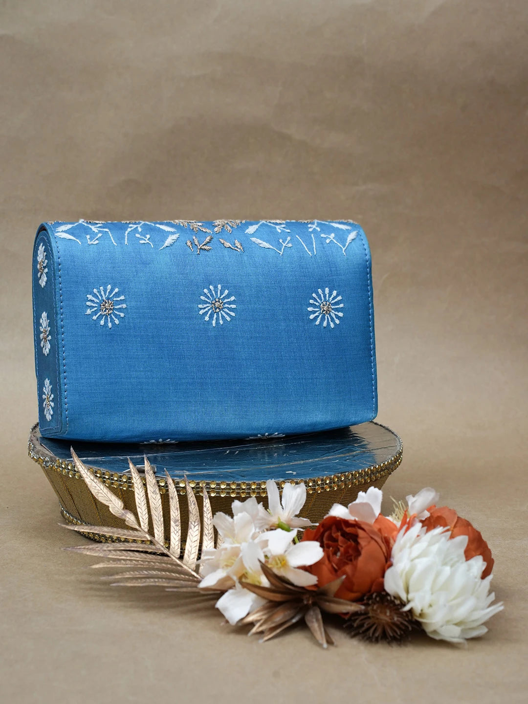 Ada Hand Embroidered Peacock Blue Silk Lucknowi Chikankari Clutch With Zari Work 01A641991