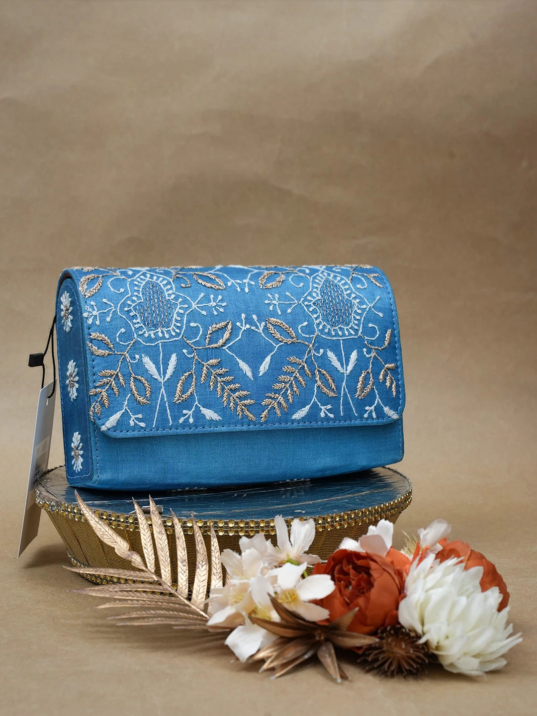 Ada Hand Embroidered Peacock Blue Silk Lucknowi Chikankari Clutch With Zari Work 01A641991