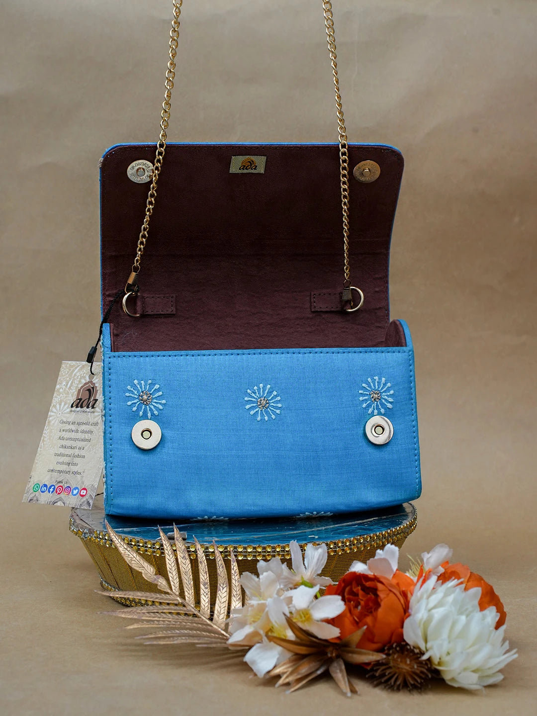 Ada Hand Embroidered Peacock Blue Silk Lucknowi Chikankari Clutch With Zari Work 01A641991