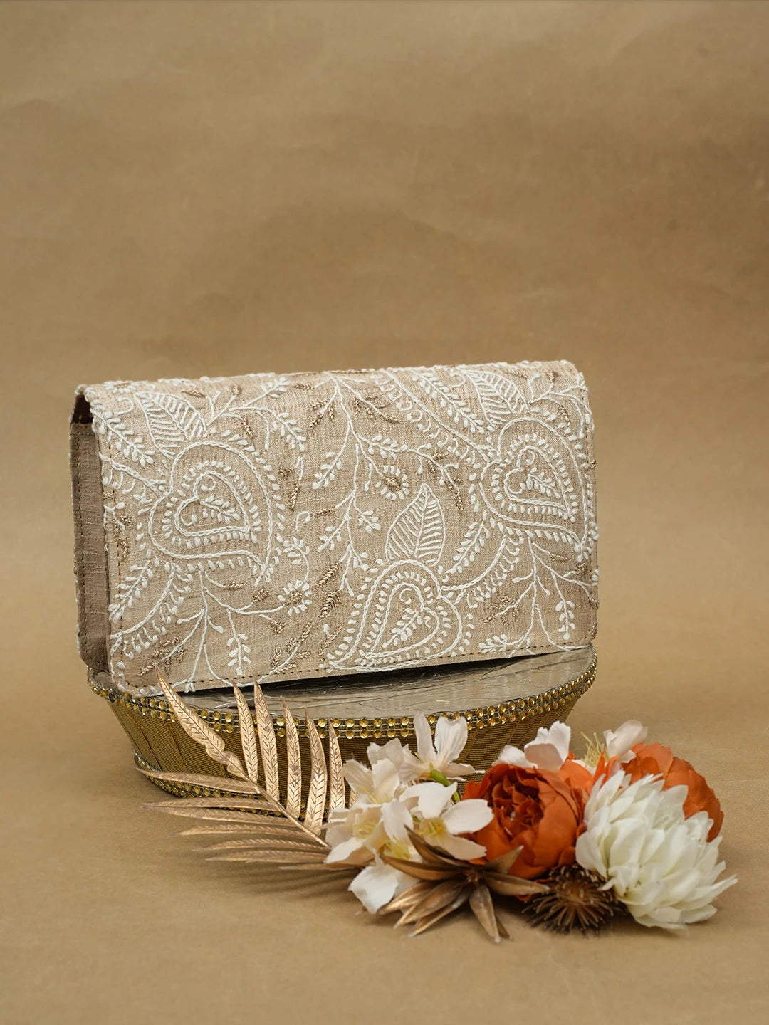 Ada Hand Embroidered Fawn Silk Lucknowi Chikankari Clutch With Zari Work 01A685748