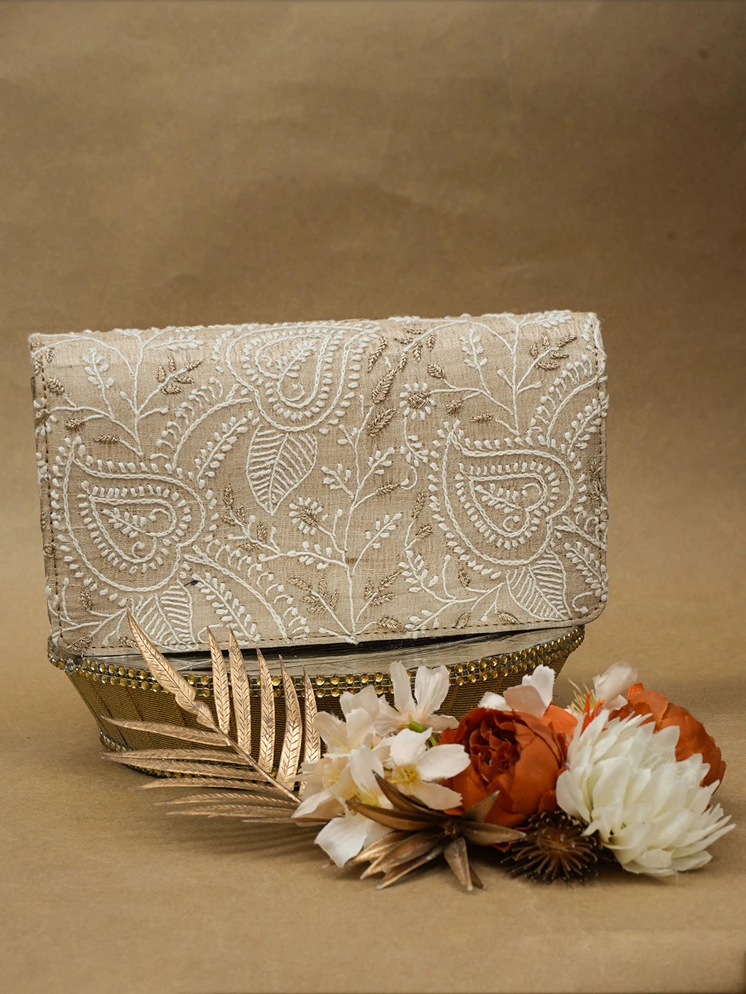 Ada Hand Embroidered Fawn Silk Lucknowi Chikankari Clutch With Zari Work 01A685748