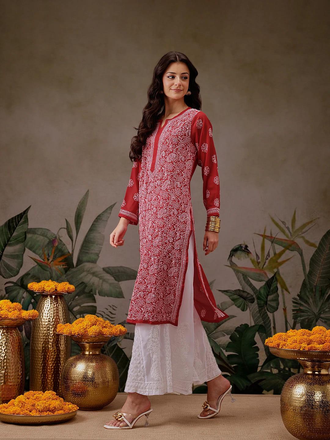 Ada Hand Embroidered Red Georgette Lucknowi Chikankari Straight Kurta With Palazzo A811305