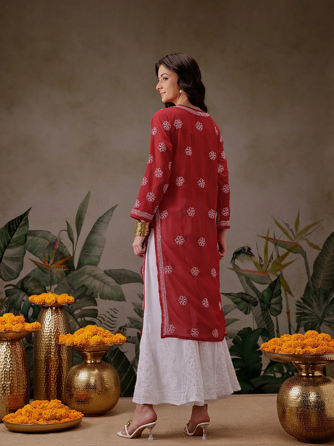 Ada Hand Embroidered Red Georgette Lucknowi Chikankari Straight Kurta A95556