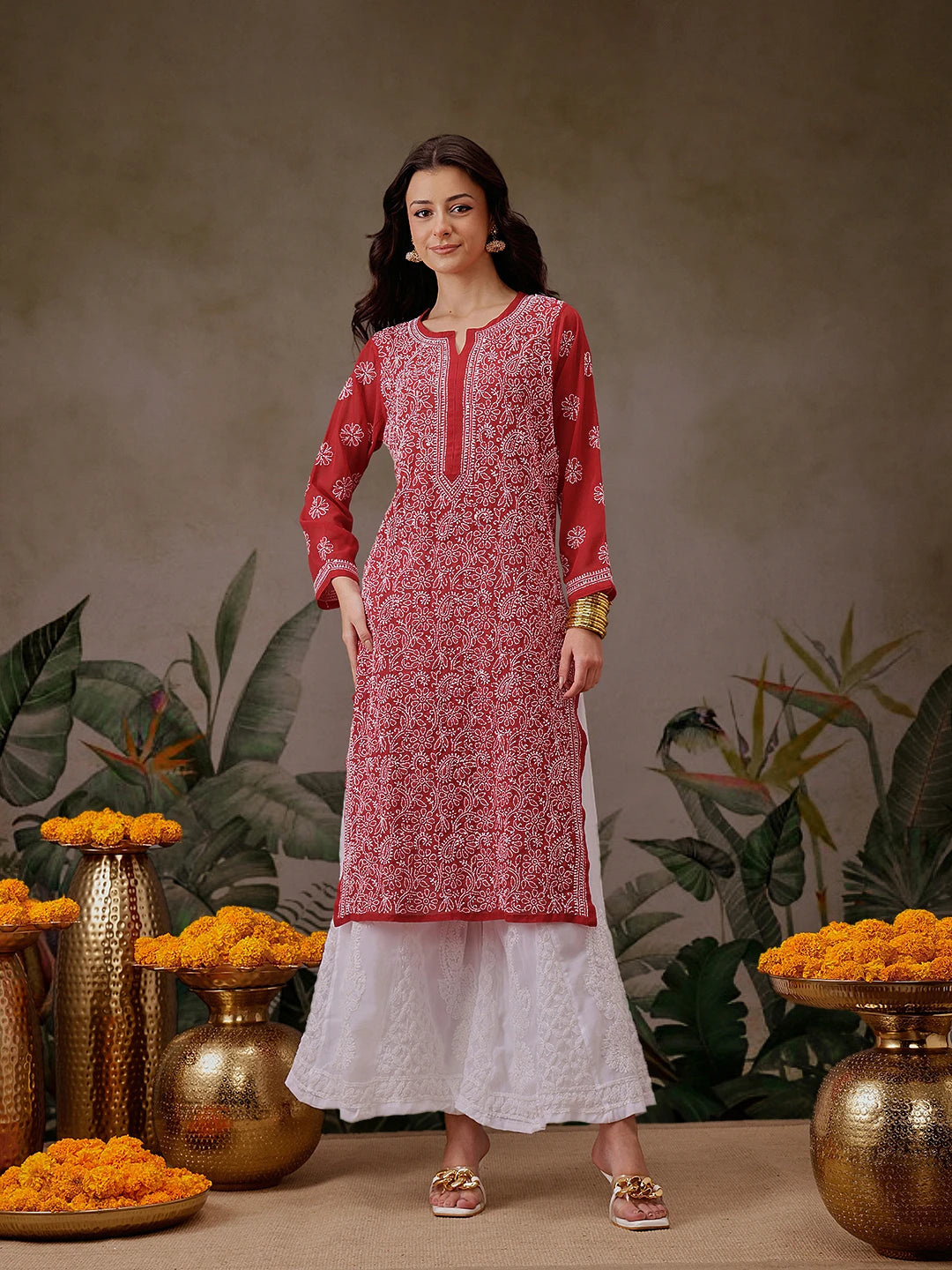 Ada Hand Embroidered Red Georgette Lucknowi Chikankari Straight Kurta A95556