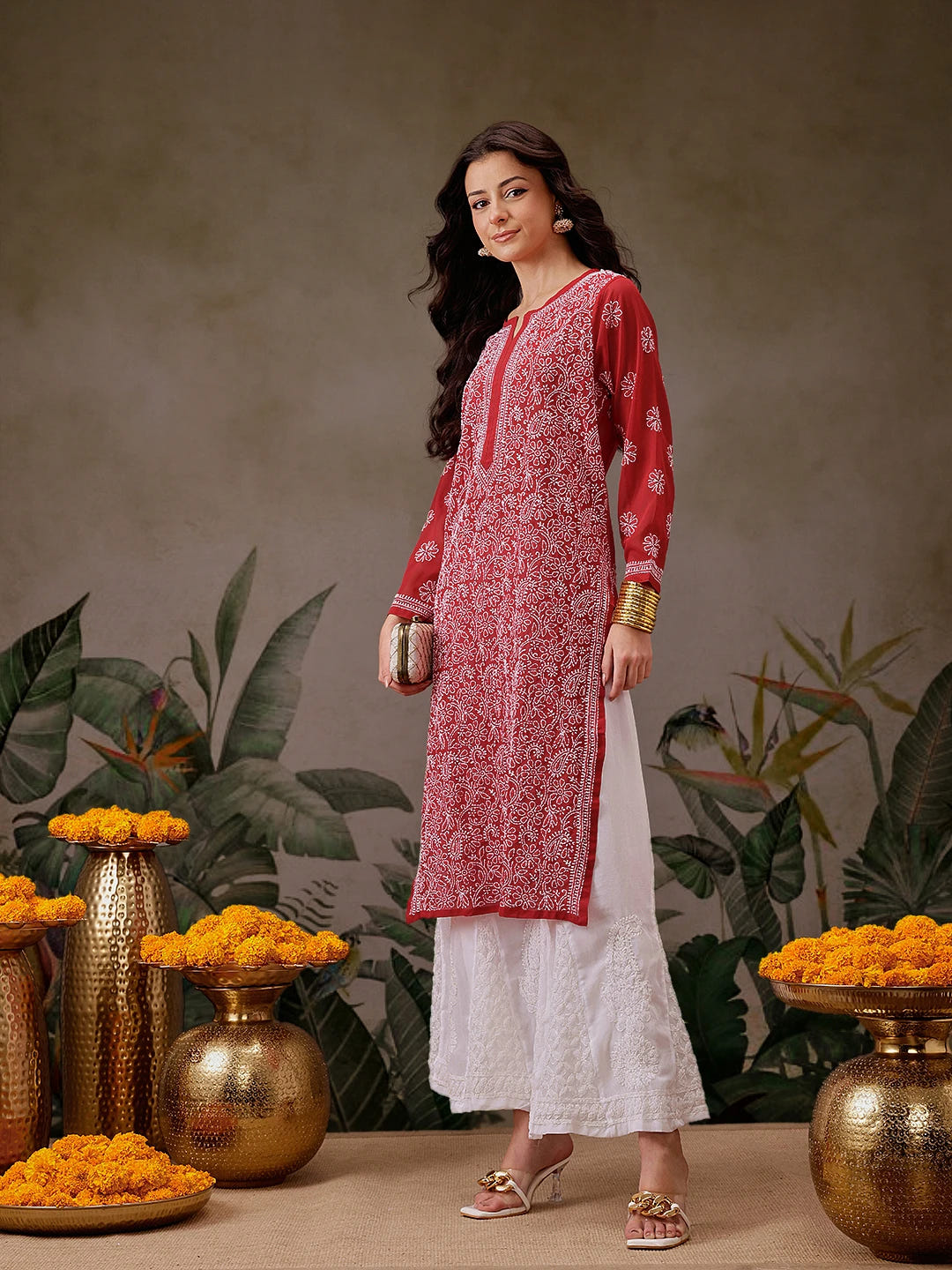 Ada Hand Embroidered Red Georgette Lucknowi Chikankari Straight Kurta A95556