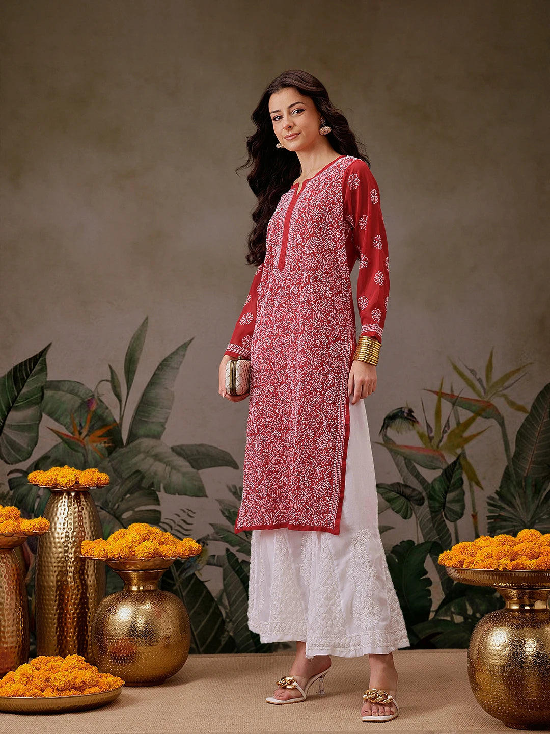 Ada Hand Embroidered Red Georgette Lucknowi Chikankari Straight Kurta A95556
